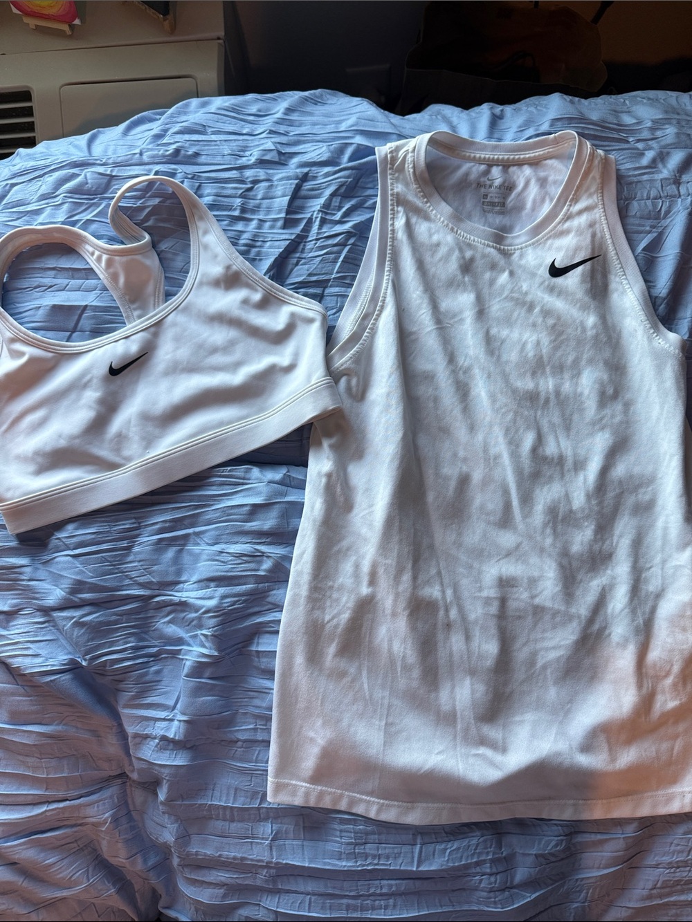 Nike White Tank and White Sports Bra with Black Swoosh